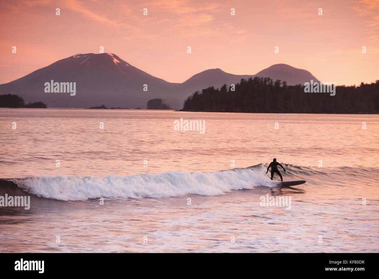 USA, Alaska, Sitka, a surfer catches waves created by the tidal shift