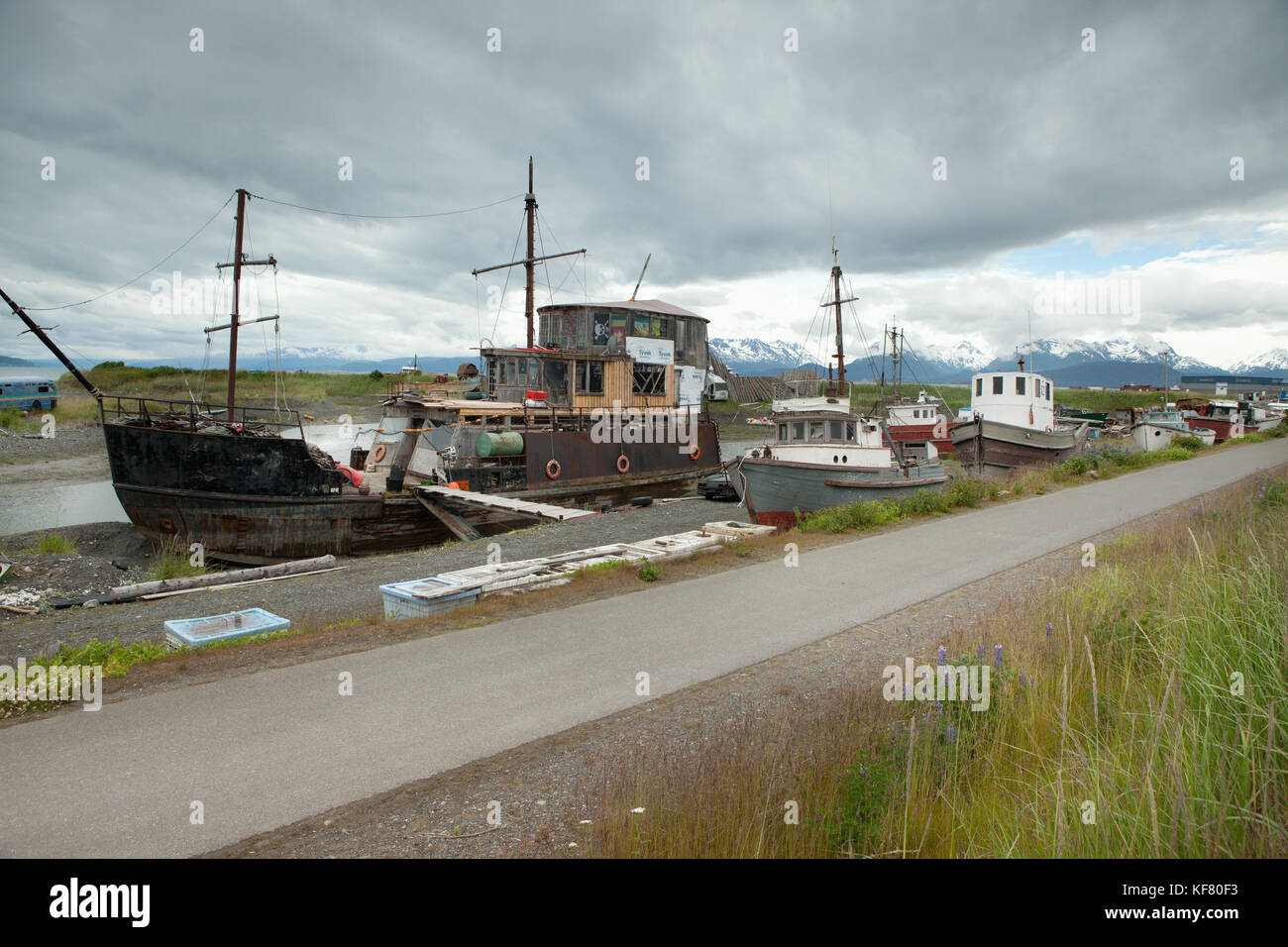 USA, Alaska, Homer, old fishing boats on the road side, the Homer Spit