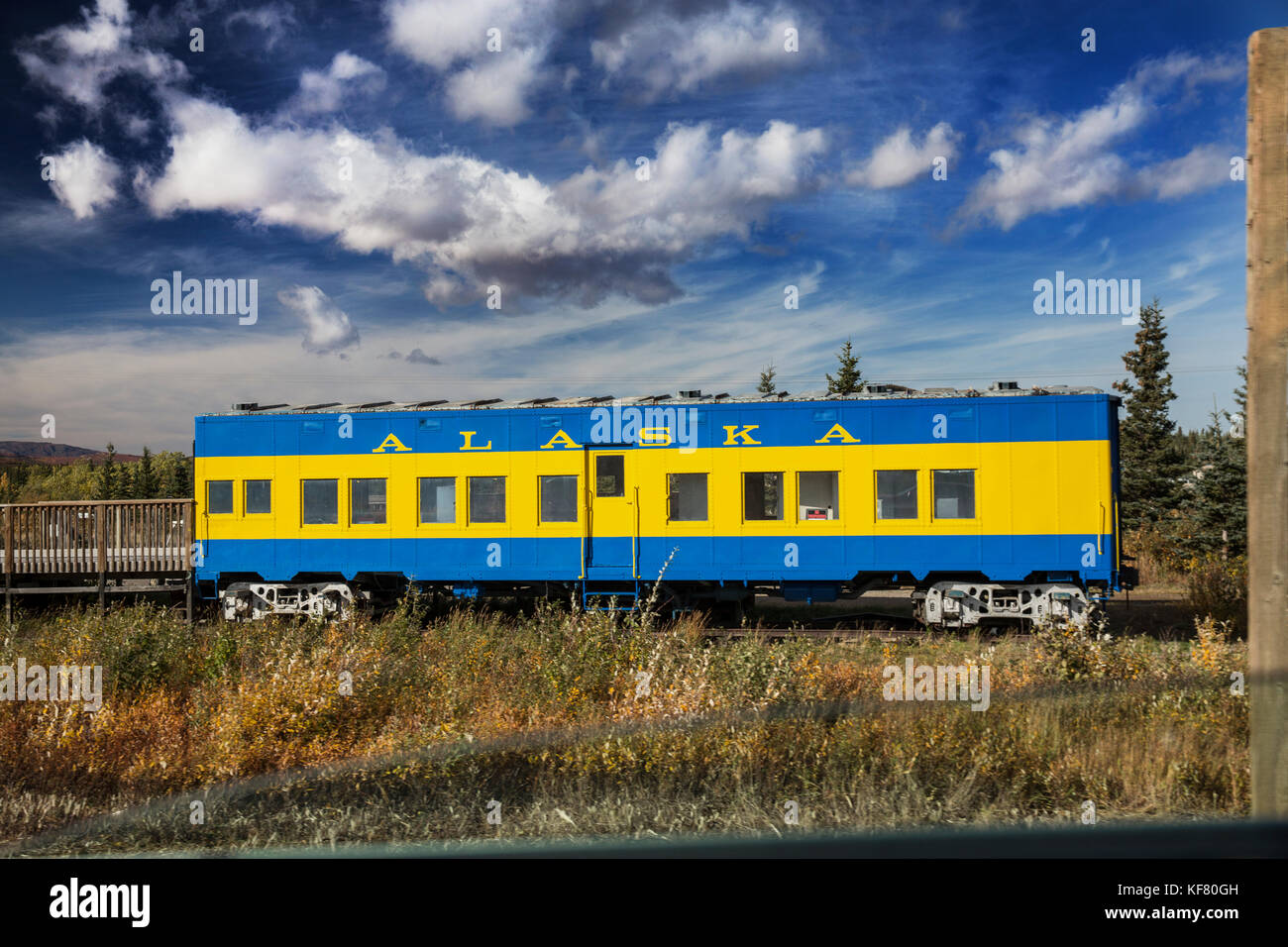 USA, Alaska, Cantwell, an Alaska train car on the roadside near