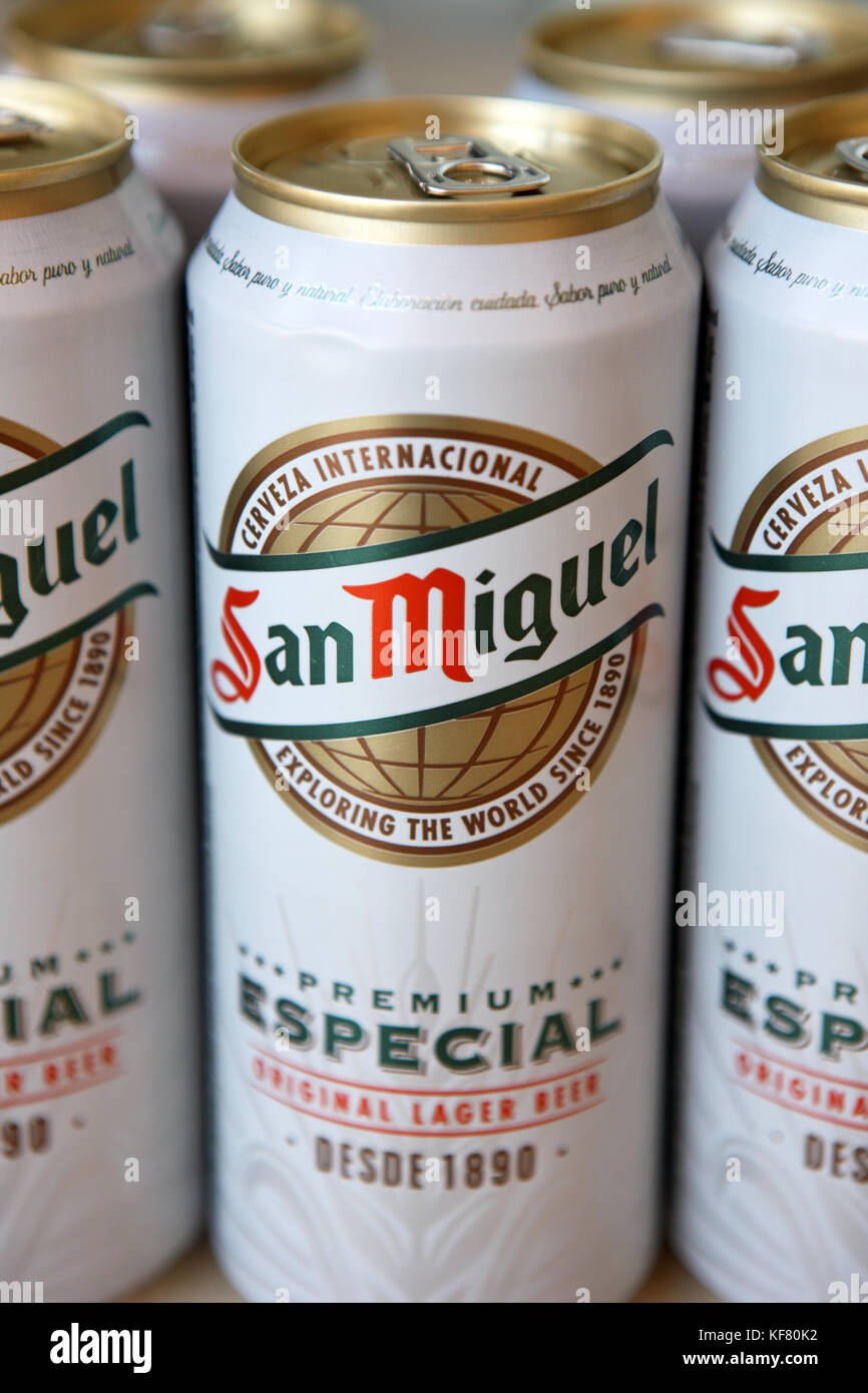 Cans of San Miguel Spanish beer Stock Photo