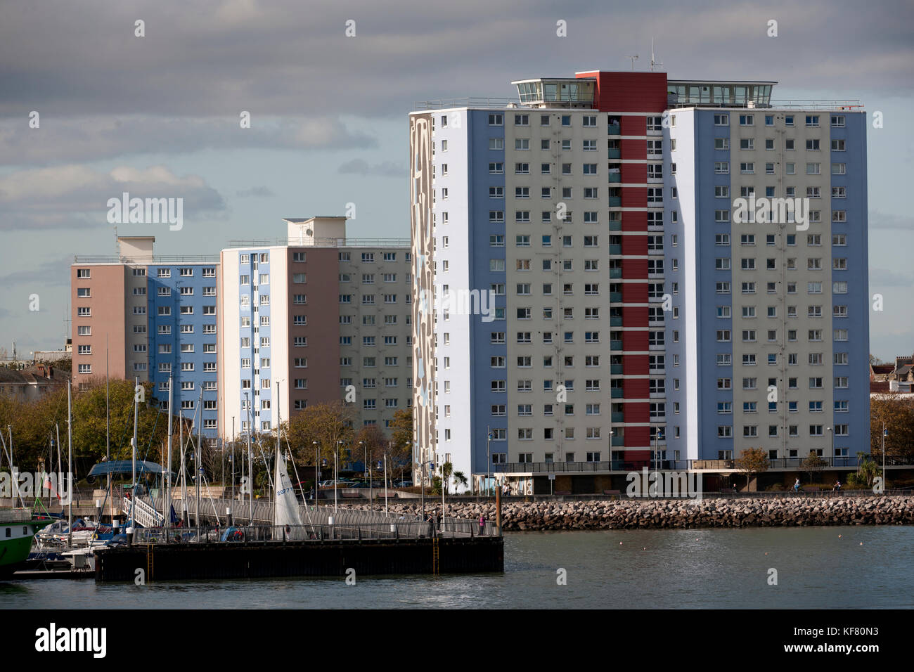 High rise flats on the Gosport shore of Portsmouth harbour, Gosport, Hampshire, England, UK Stock Photo