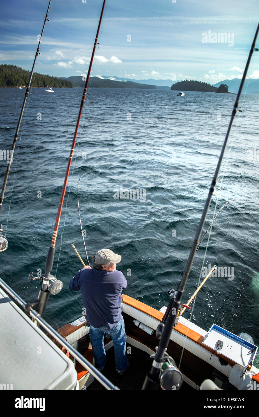 USA, Alaska, Ketchikan, Captain Tony tending to his lines while fishing the Behm Canal near Clarence Straight, Knudsen Cove along the Tongass Narrows Stock Photo