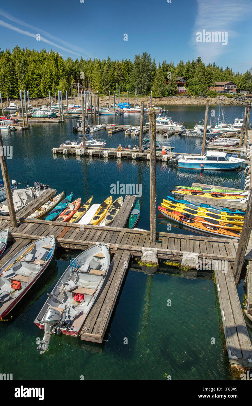USA, Alaska, Ketchikan, fishing boats ands kayaks moored in the Behm