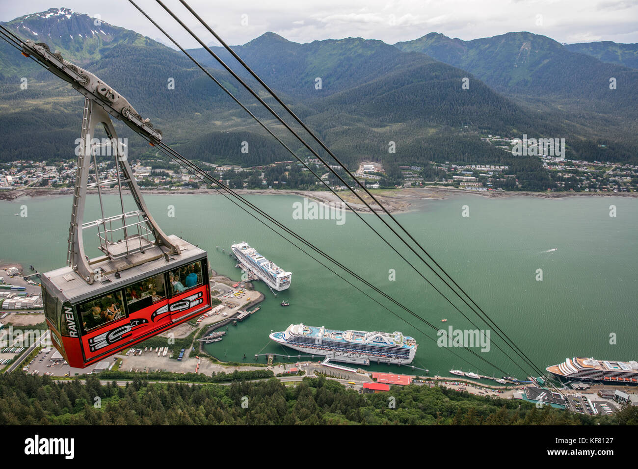 USA, Alaska, Juneau, views from the Mount Roberts Tramway of the port ...