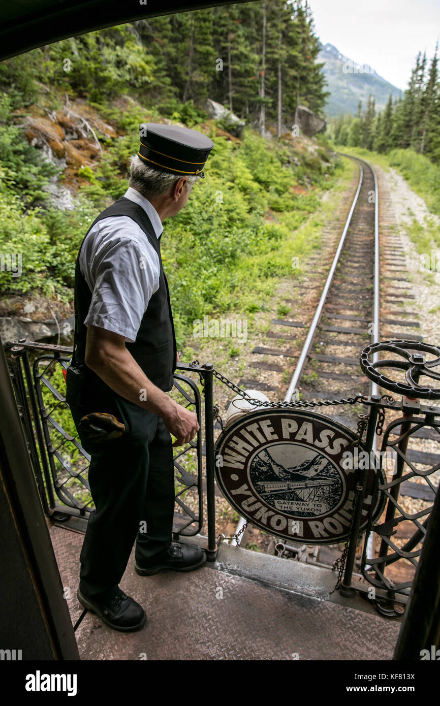 USA, Alaska, Sitka, one of the train conductors aboard the White Pass