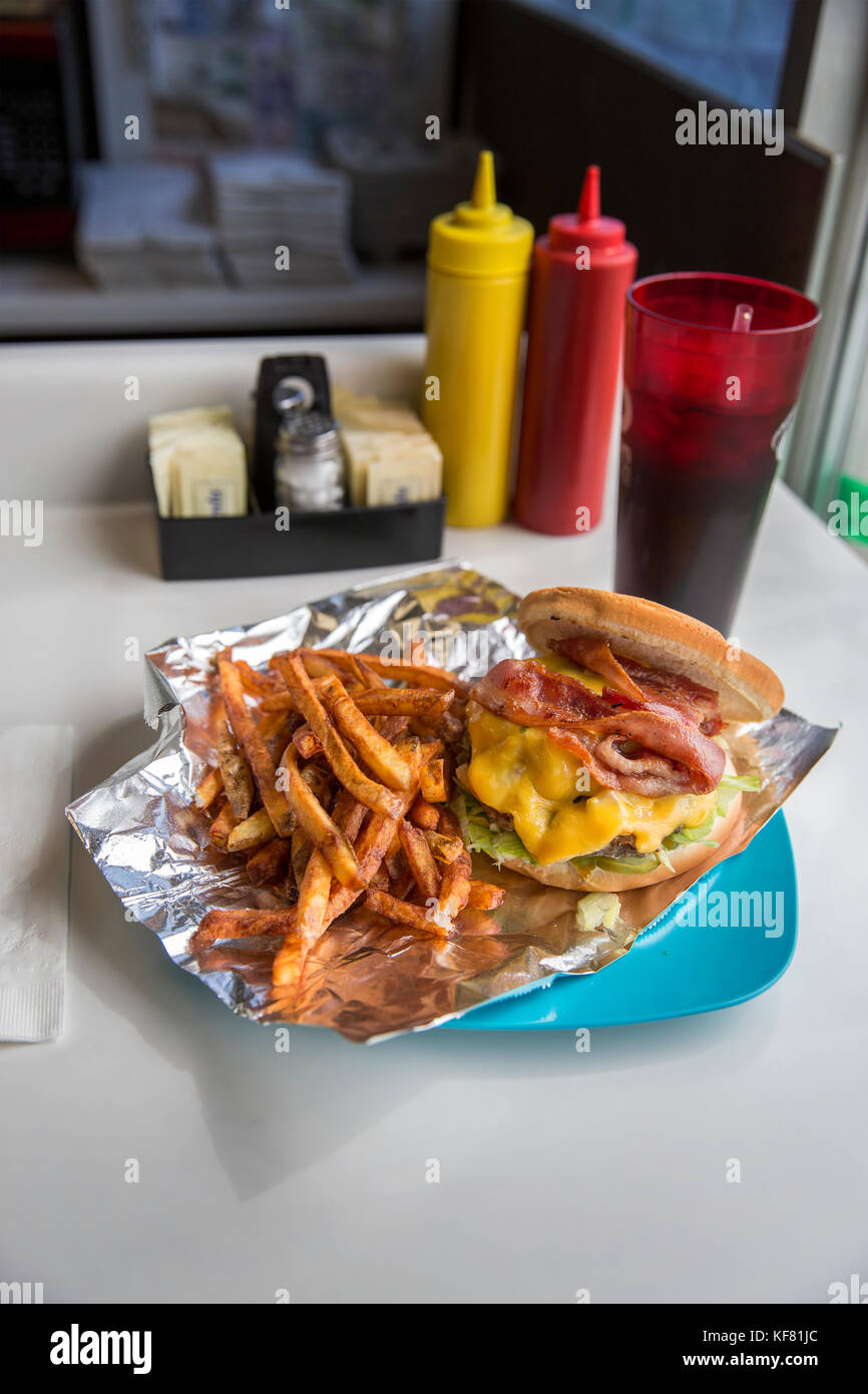 USA, Alaska, Anchorage, the Loaded Burger, served at White Spot Cafe Stock Photo