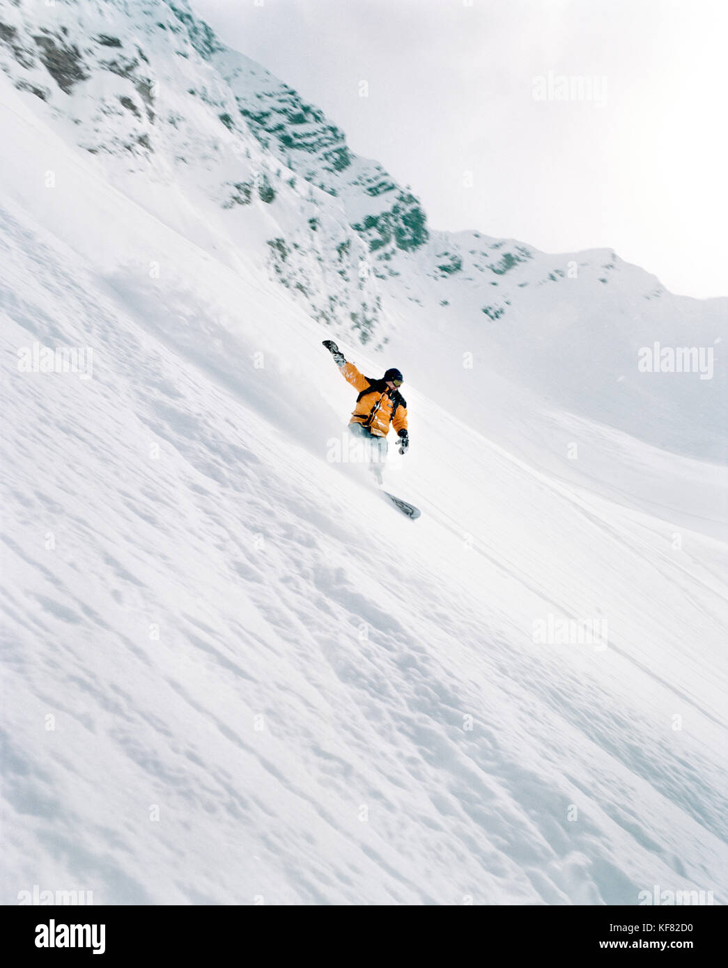 CANADA, BC Rockies, man snowboarding on mountain slope, Kicking Horse Alpine Resort Stock Photo
