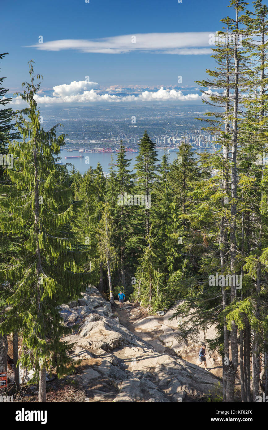 CANADA, Vancouver, British Columbia, The top of The Grind hike at Grouse Mountain, Vancouver city in the distance Stock Photo
