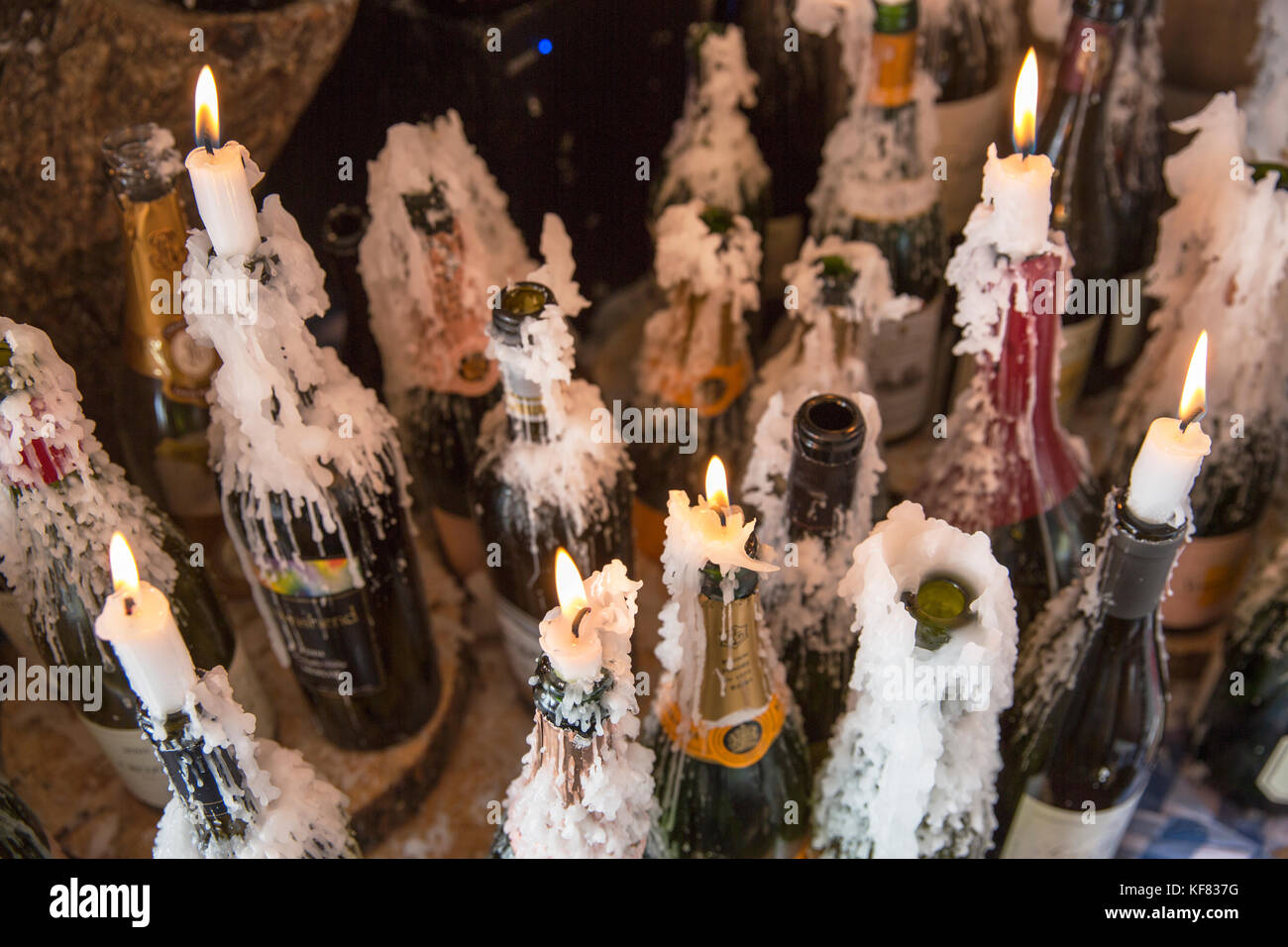 USA, Colorado, Aspen, restaurant deatil of candles burning at the Cloud Nine Restaurant, Aspen Highlands Ski Resort Stock Photo