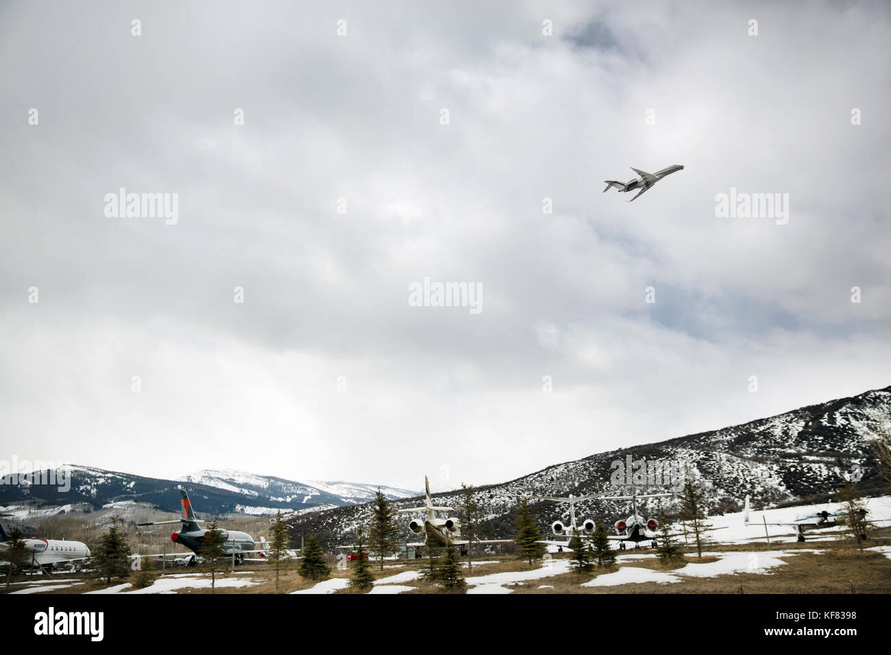 USA, Colorado, Aspen, a private jet takes off at the Aspen airport