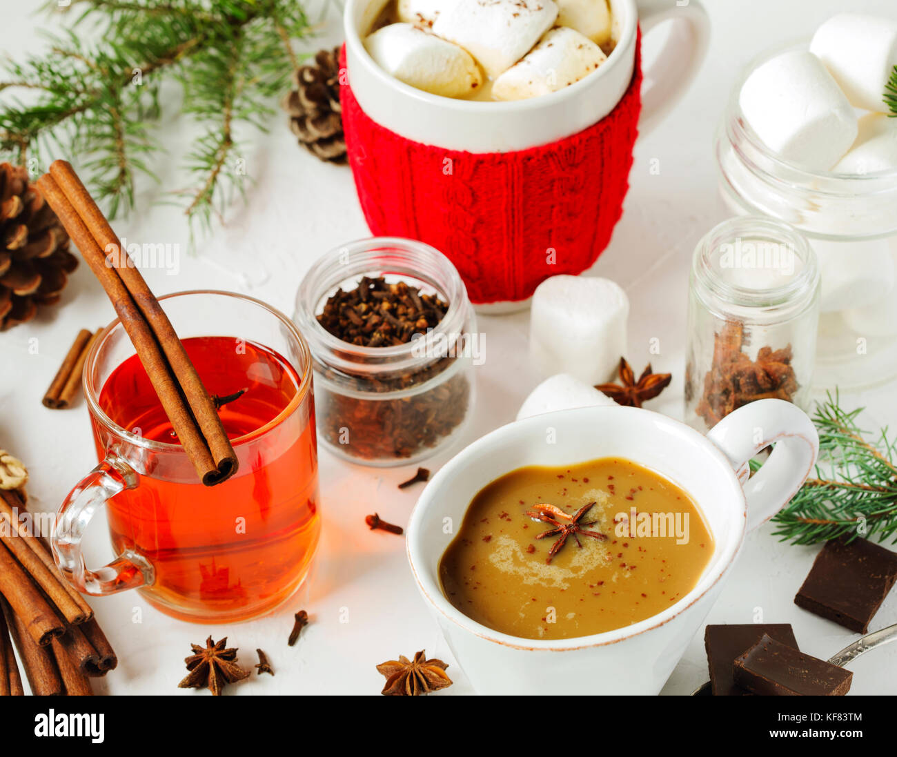 Hot chocolate with spicy, marshmallows and spicy tea Stock Photo