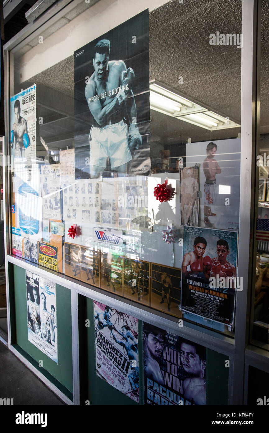 USA, Oahu, Hawaii, front window of a boxing and Martial Arts gym with a