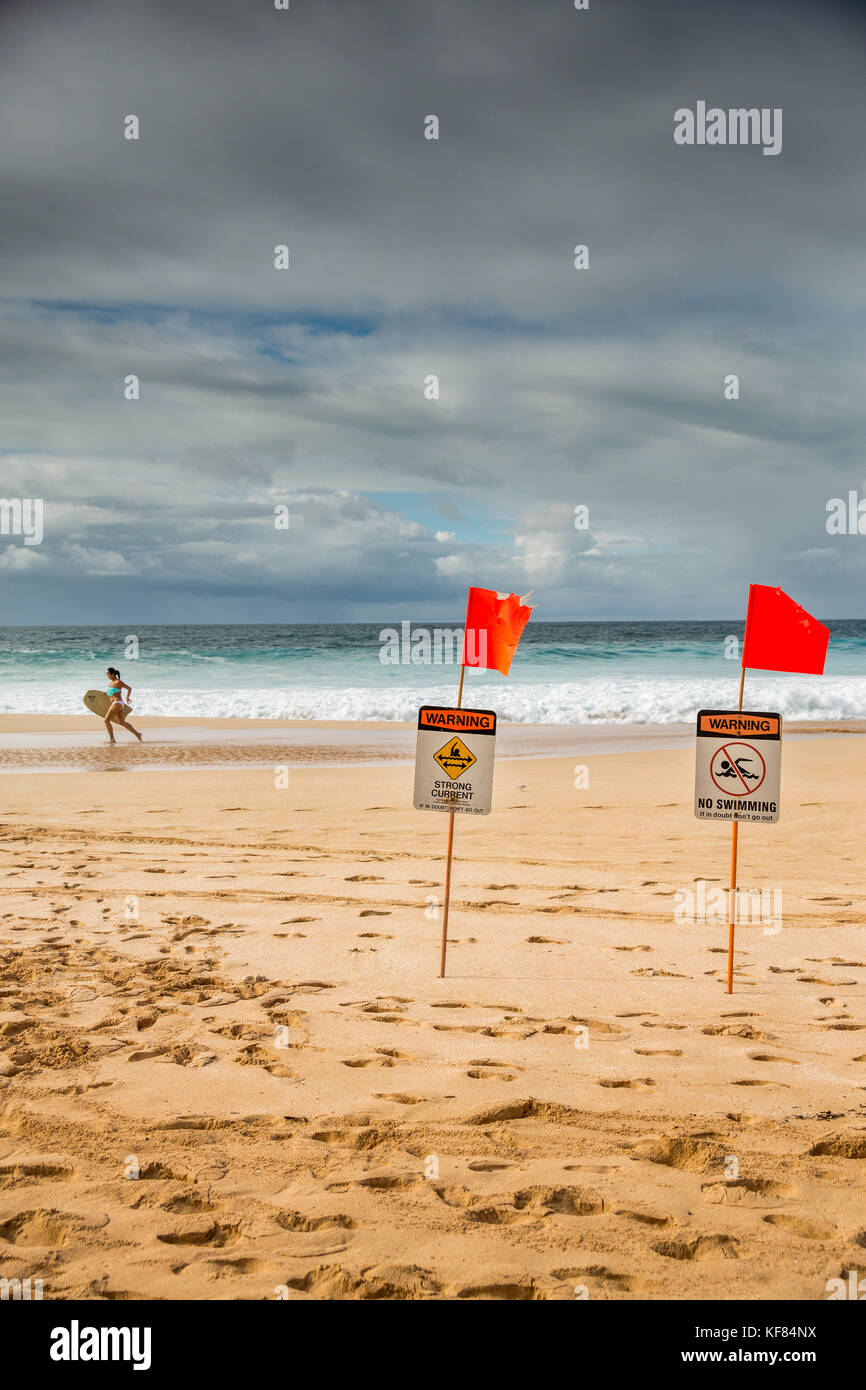 USA, HAWAII, Oahu, Northshore, warning flags posted on the beach at