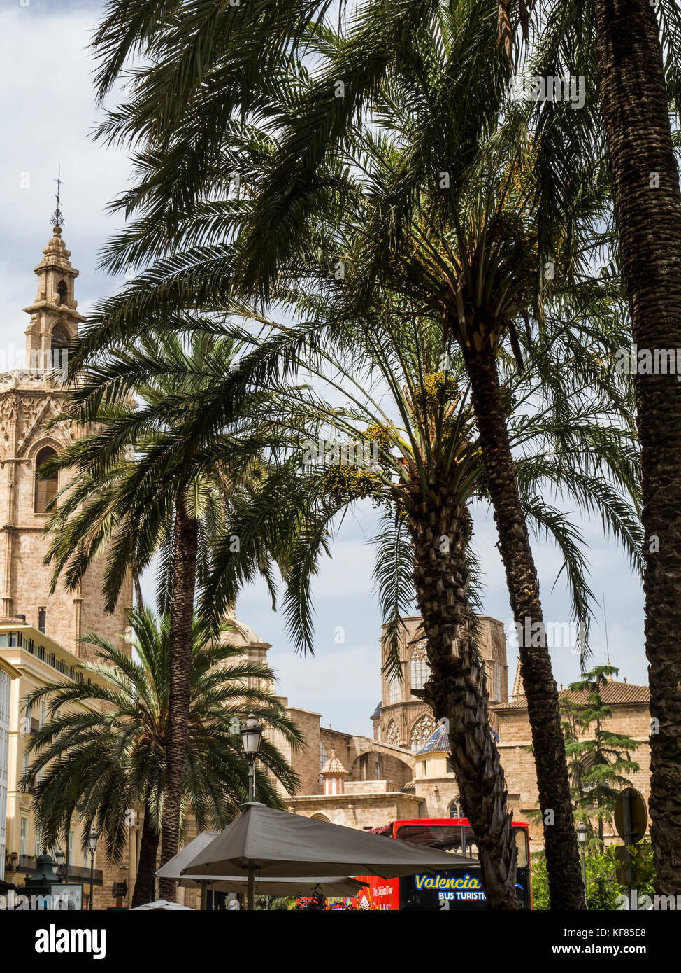 Skyline at Plaza de la Reina with Valencia Cathedral (centre) and its bell tower, el Miguelete (left), Ciutat Vella, Valencia, Spain Stock Photo