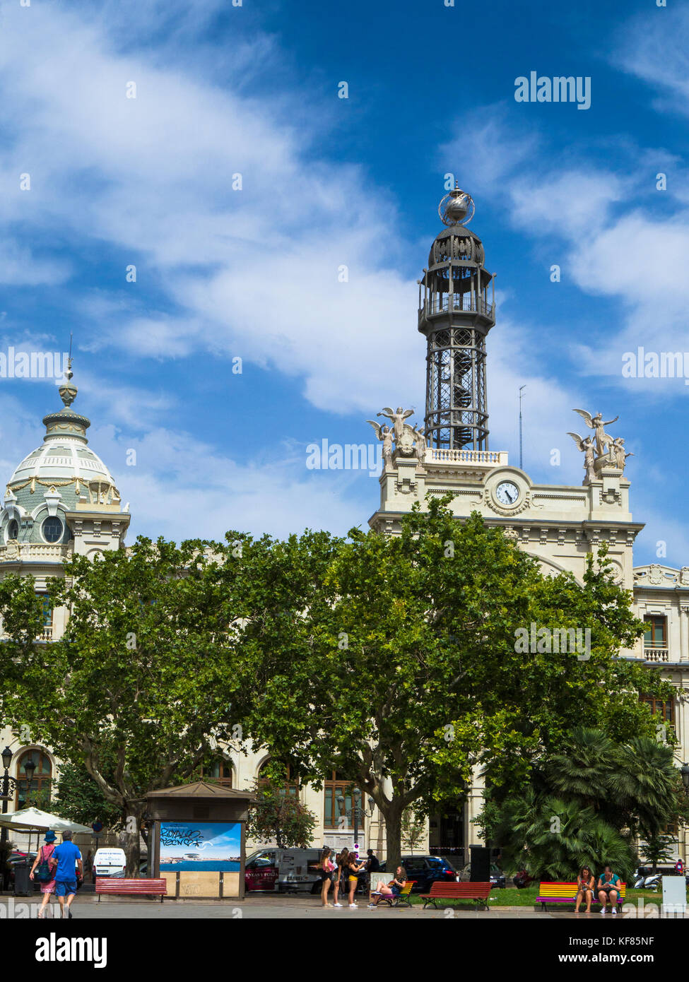 Town Hall Square (Plaza del Ayuntamiento) with the Central Post Office (Edificio de Correos) in the background, Valencia, Spain Stock Photo