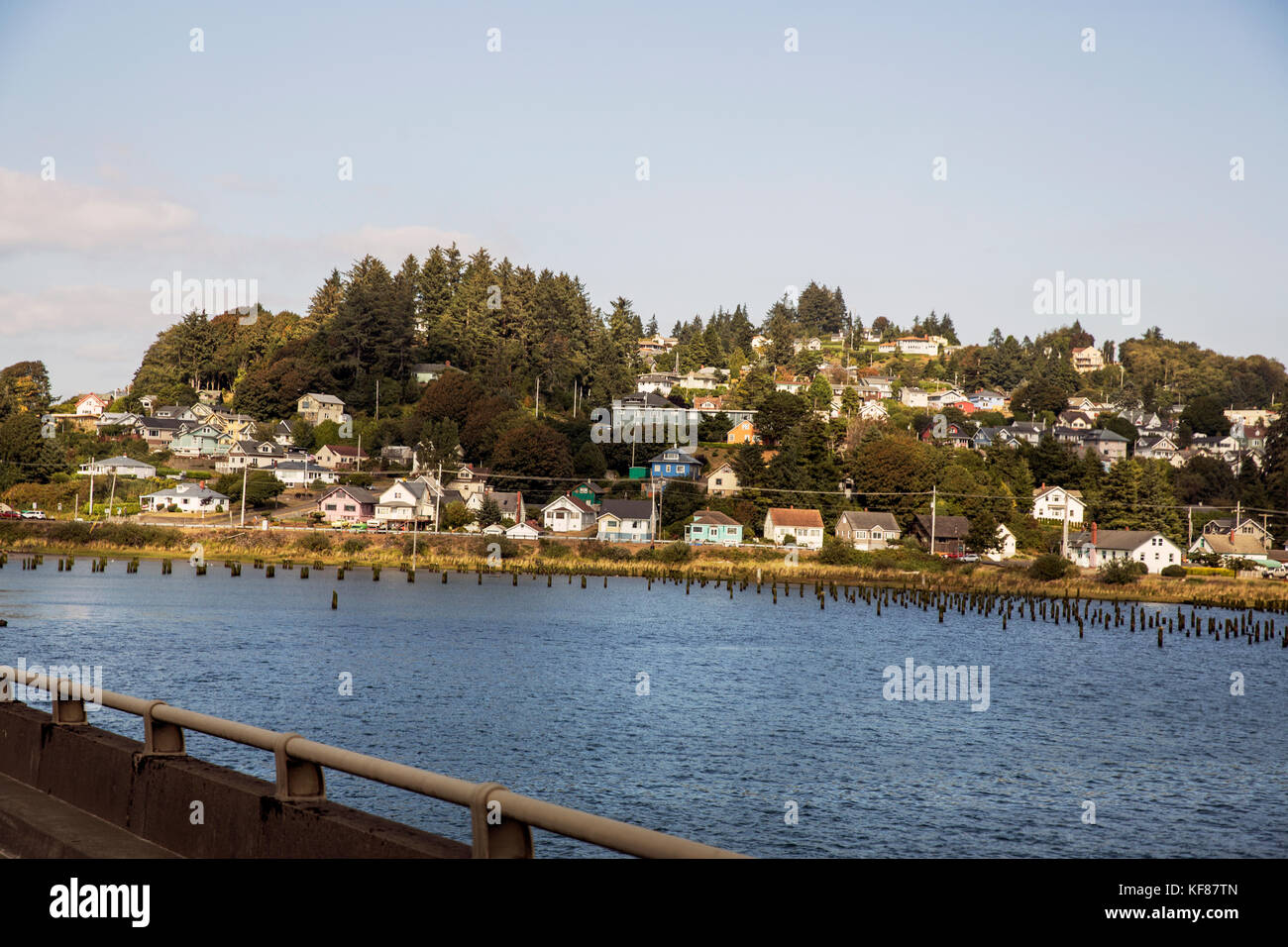 USA, Oregon, Astoria, houses on a hillside that boarder the Columbia