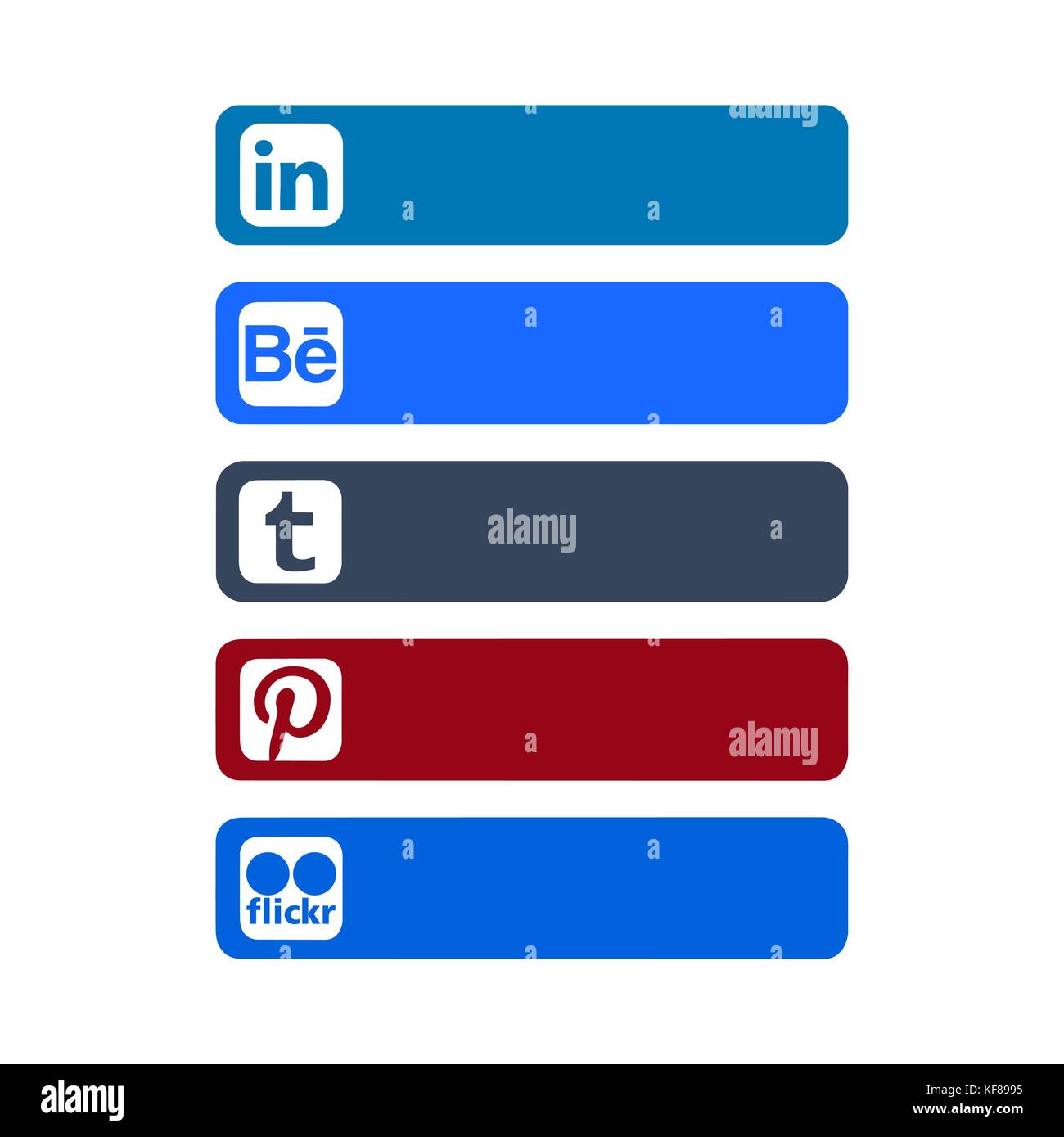 Collection of popular social media logos printed on paper: Linkedin, Behance, Tumblr, Pinterest, Flickr Stock Vector