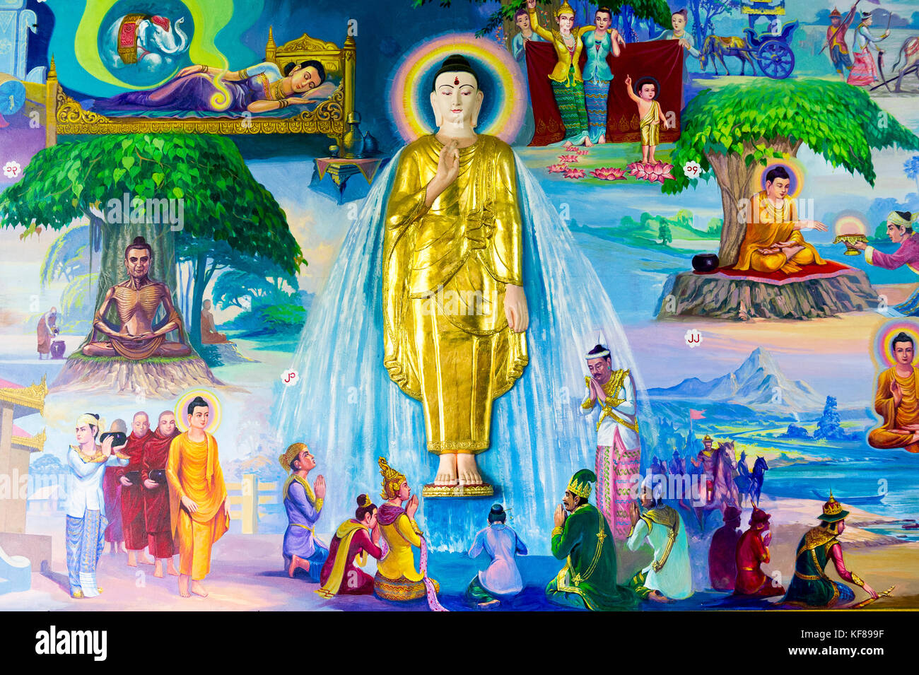 Myanmar (formerly Burma). Yangon (Rangoon). Kyaukhtatgyi Pagoda. Fresco telling the life of the Buddha Stock Photo