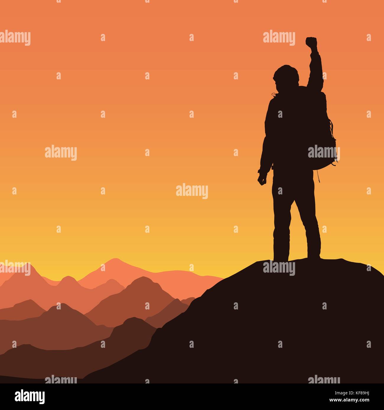 Vector illustration of a mountain landscape with a realistic silhouette of a climber at the top of a rock with a winning gesture under a orange sky Stock Vector