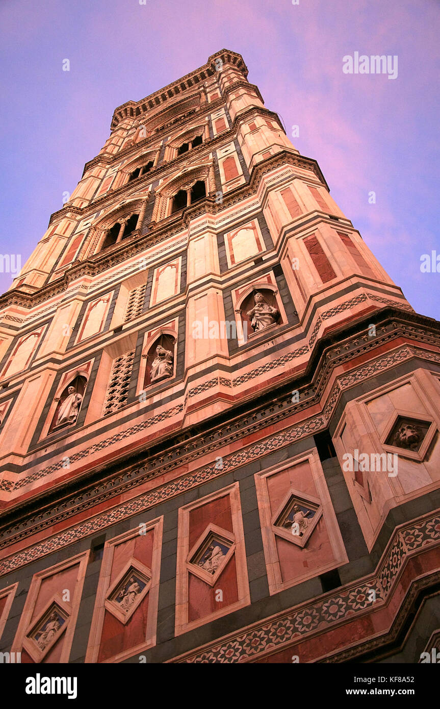 Looking up at the Campanile di Giotto tower at sunset in Florence, Italy Stock Photo