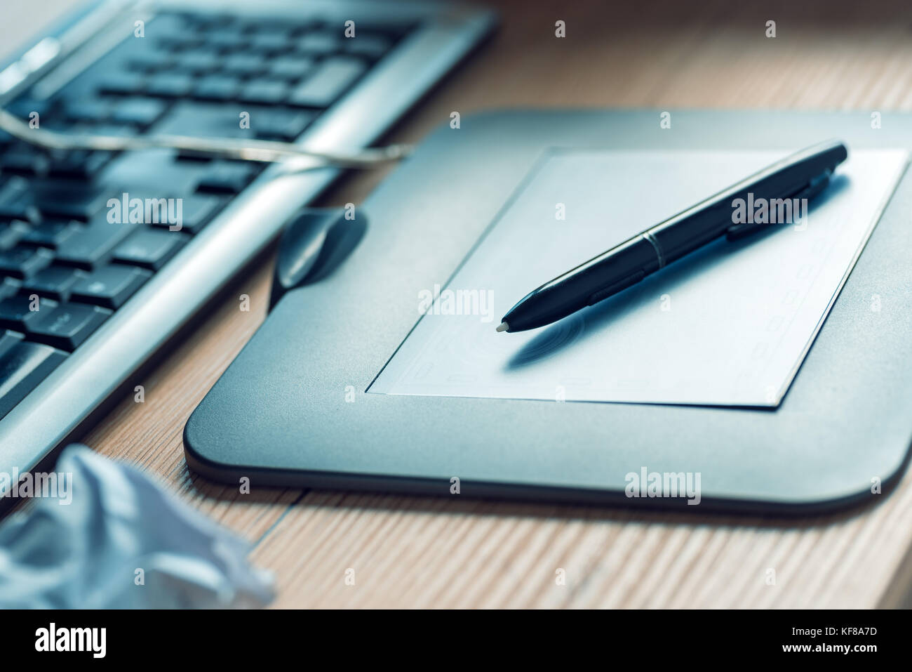 Graphic tablet and pencil on office desk in architecture and interior design project studio Stock Photo
