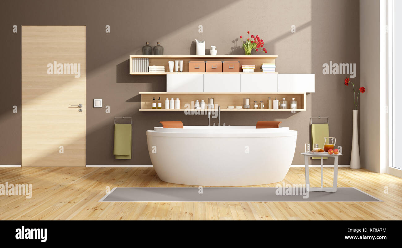 Moder bathroom with round bathtub and shelves on wall with objects - 3d rendering Stock Photo