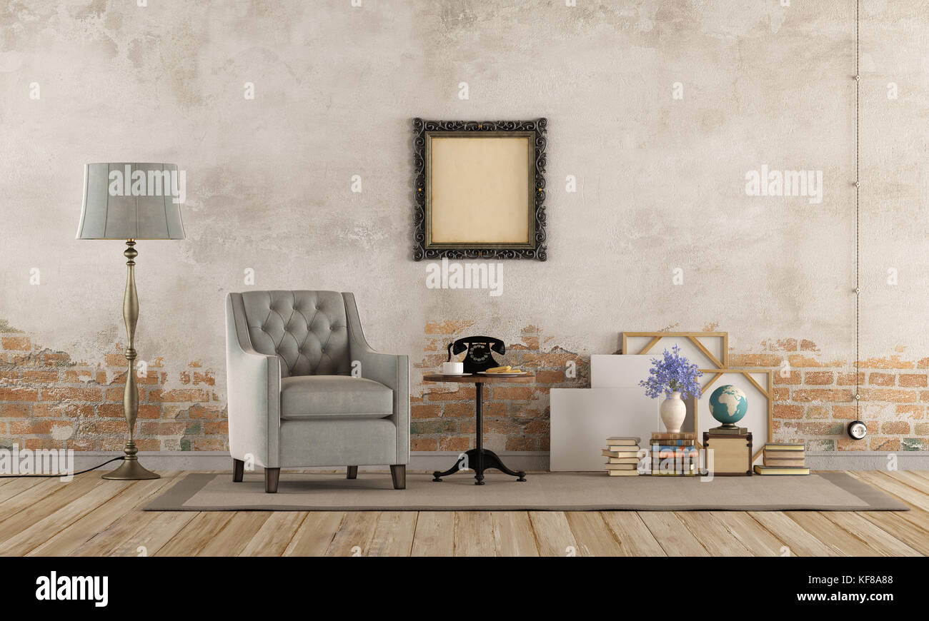 Retro living room with armchair, vintage objects and old wall - 3d rendering Stock Photo