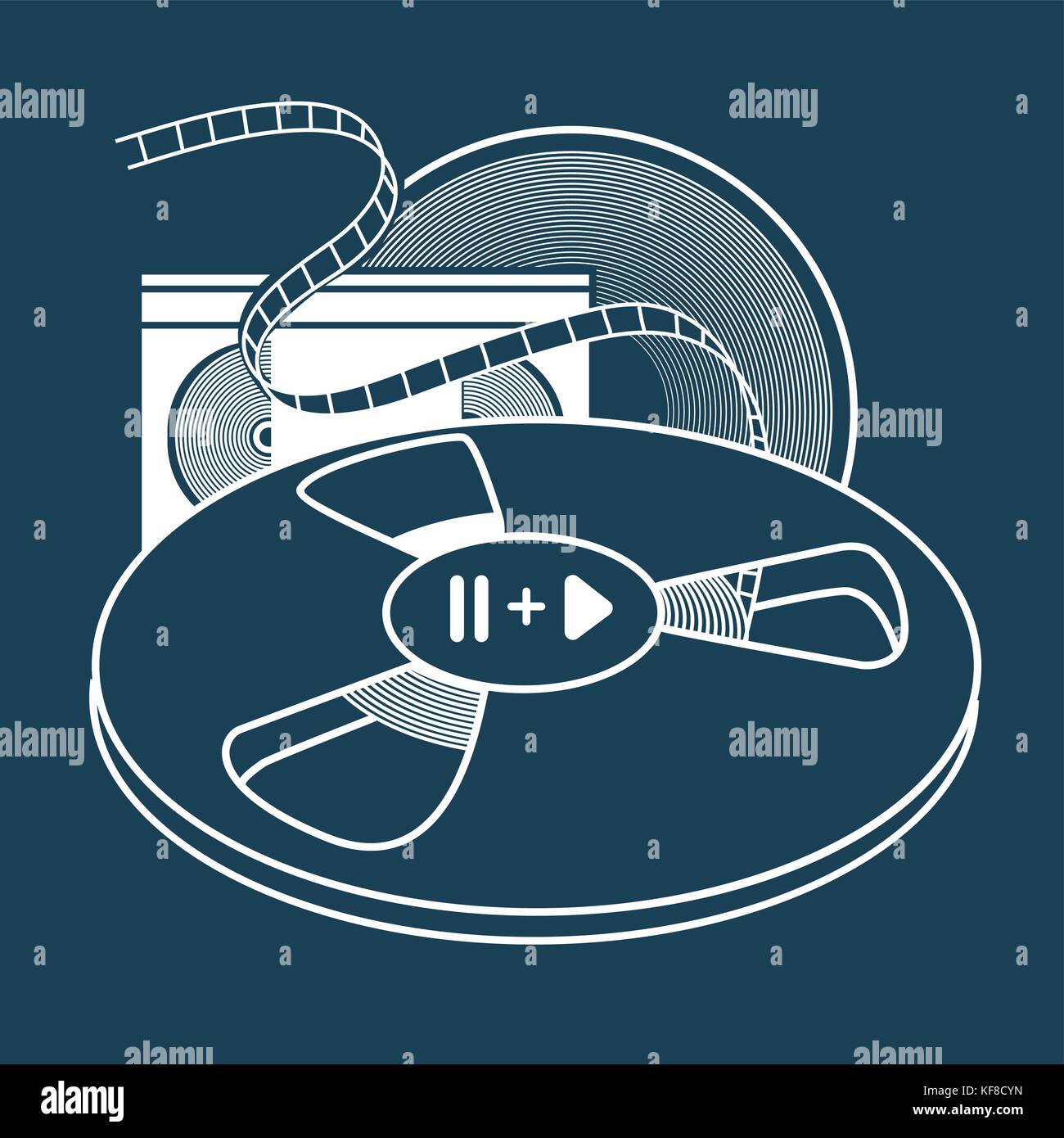 Set of old VHS cassette, VHS tape video cassette, vinyl disc and tape