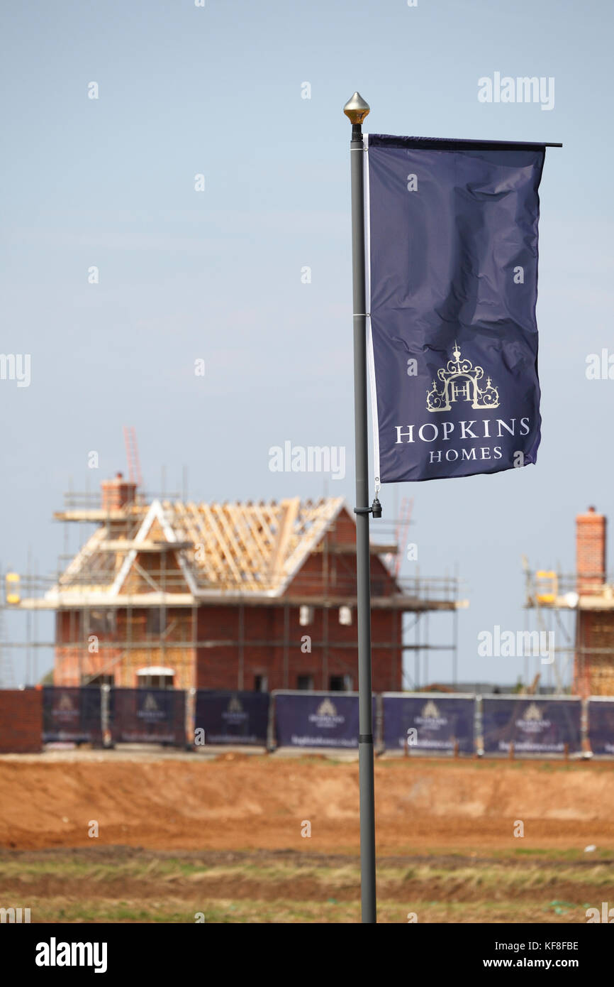 Hopkins Homes flags and houses being built at a new development in Hunstanton, Norfolk. Stock Photo