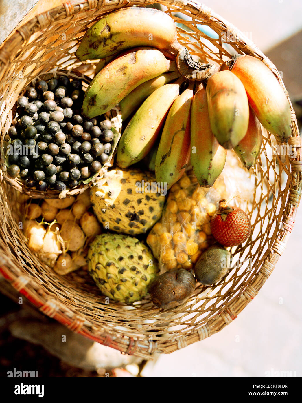 Brazil, Belem, South America, variety of Amazon fruit kept in basket for sale at market, elevated view Stock Photo