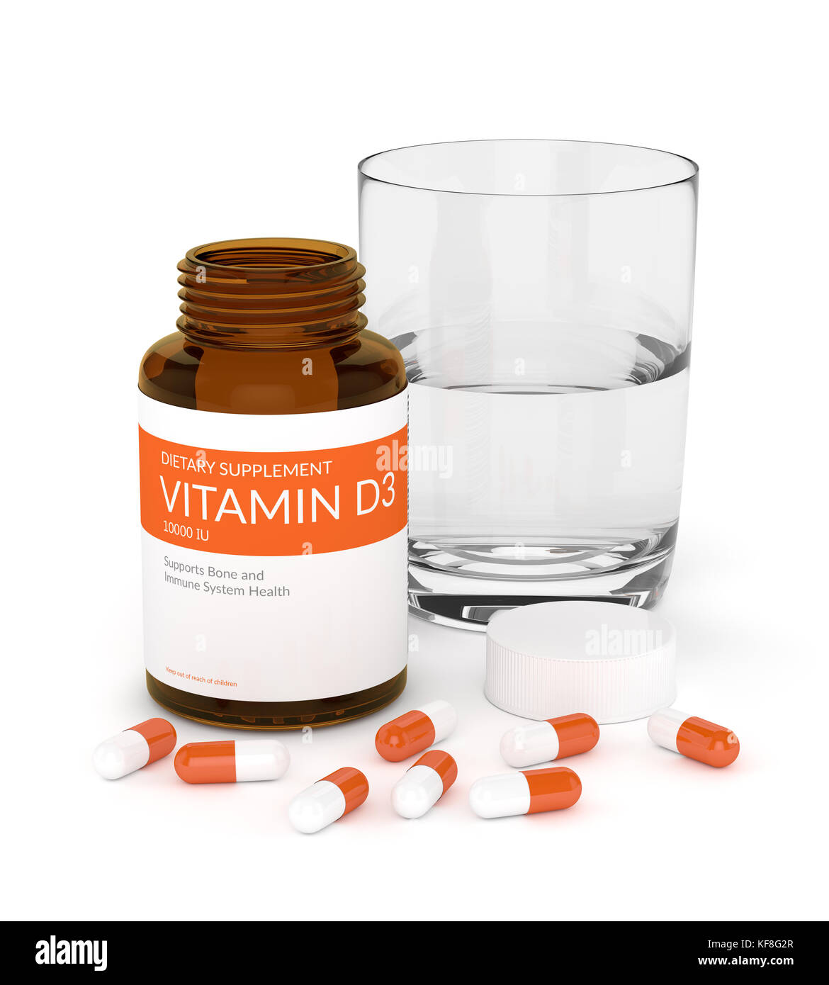 3d render of vitamin d3 pills in bottle with glass of water over white
