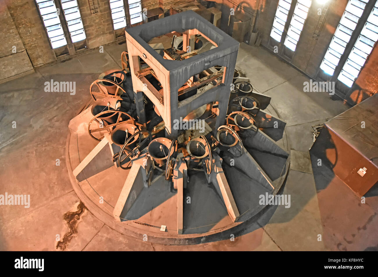 Liverpool Anglican cathedral peel of bells interior floodlit bell chamber as part of public access to viewing gallery on roof of bell tower England UK Stock Photo