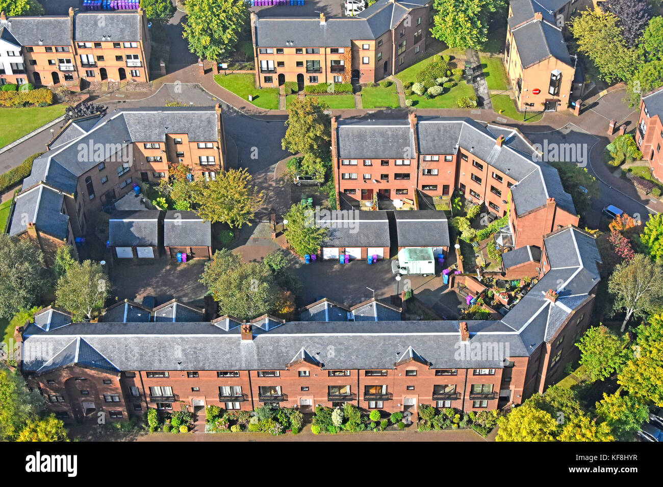View from above looking down on town centre modern housing development of three storey properties in Liverpool Merseyside England UK Stock Photo