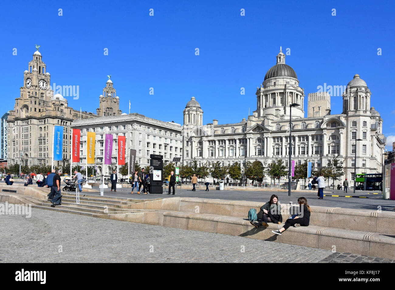 Liverpool iconic waterfront landscape of the Three Graces L to R Royal Liver Building, Cunard Building & Port of Liverpool Building at the Pier Head Stock Photo