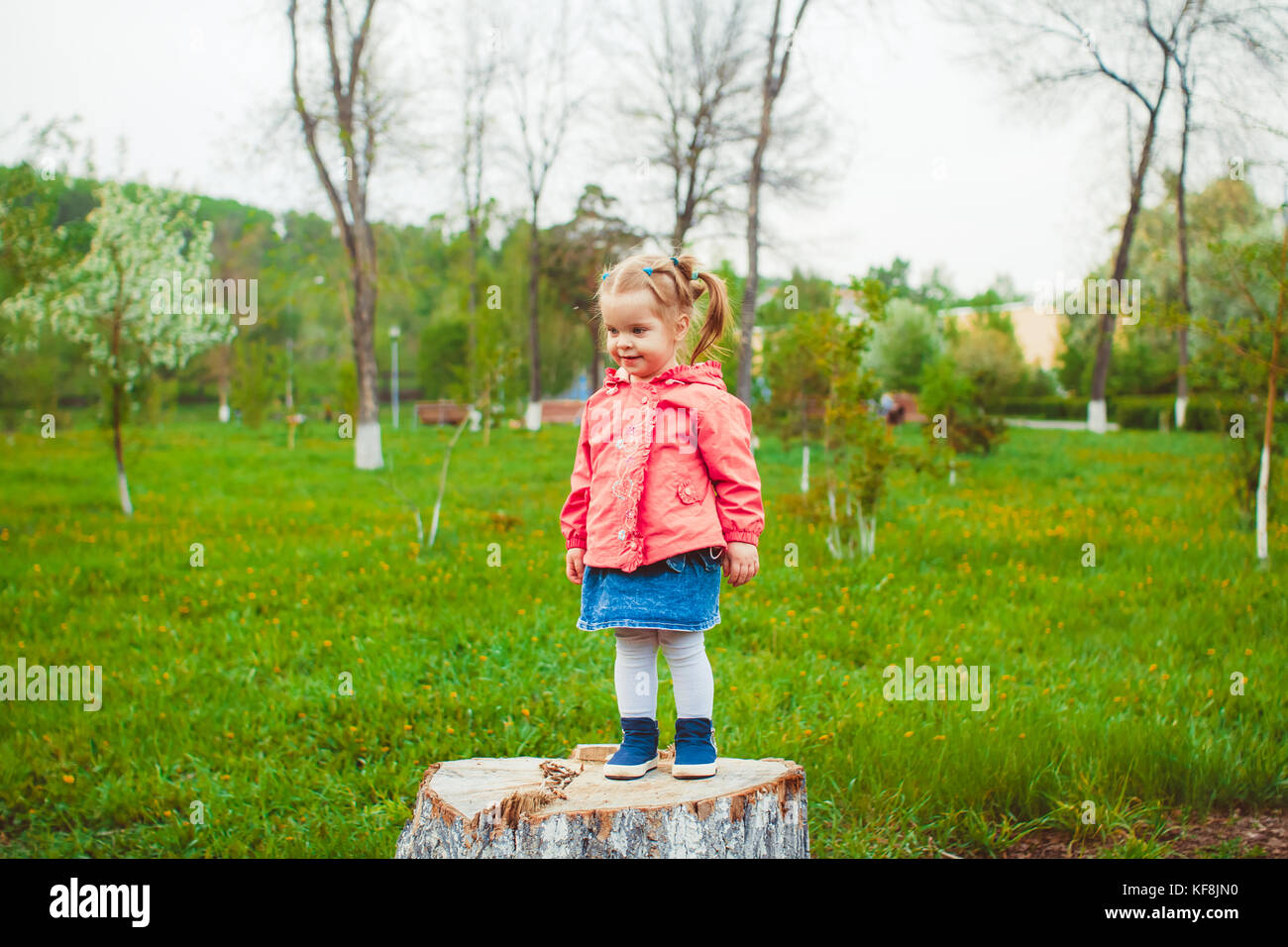 little girl sitting on a stump in the summer garden Stock Photo - Alamy
