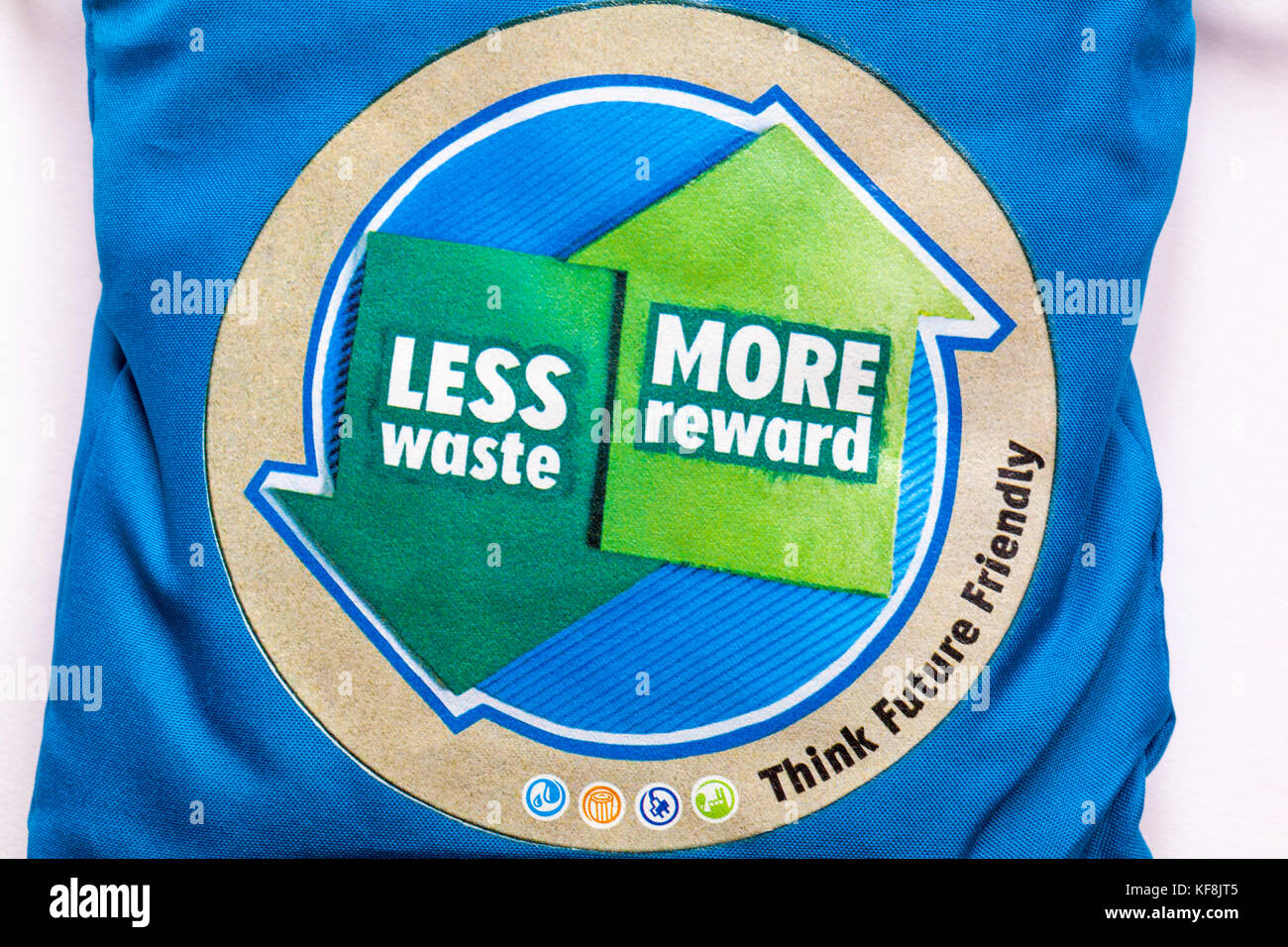 Less waste more reward think future friendly detail on upcycled bag which used to be a plastic bottle - see KGXE61 for details of bag Stock Photo