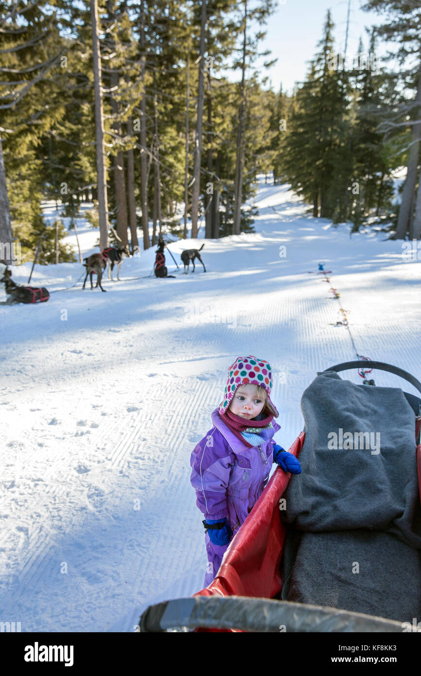 USA, Oregon, Bend, a young girl examines the cargo bed while waiting to