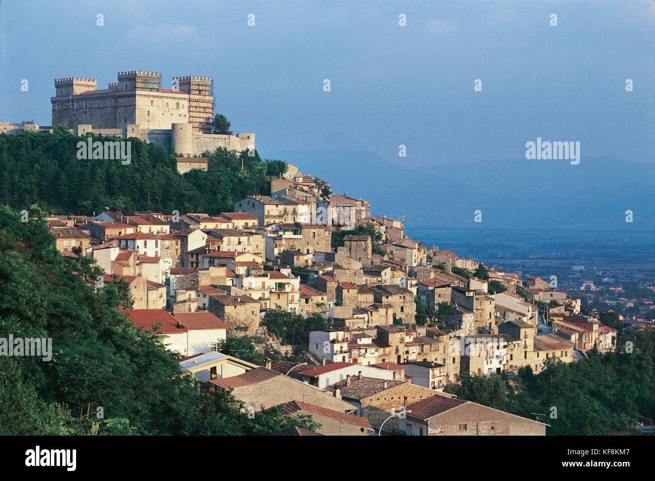 Italy, Abruzzo Region, Celano. View of the town with the Fucino Plain