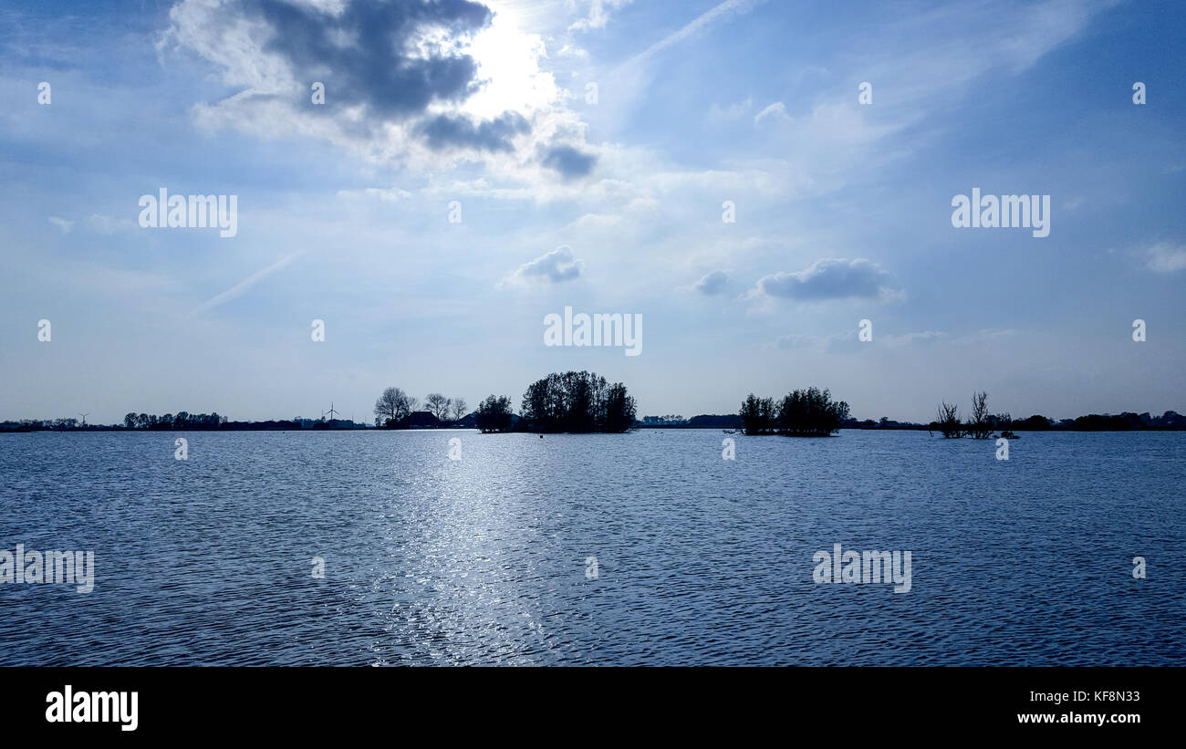 Niederlande, Friesland, Sneek, Typical landscape in Holland with reeds and a landing stage, waterroads, Stock Photo