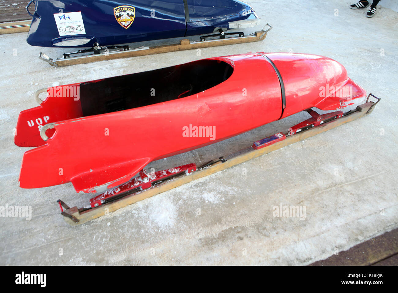 USA, Utah, Park City, bobsleds at the finish line, Utah Olympic Park