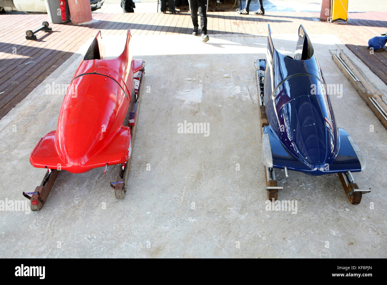 USA, Utah, Park City, bobsleds at the finish line, Utah Olympic Park