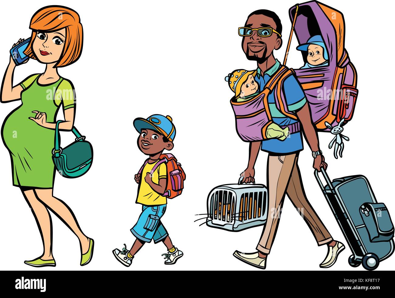 Multi ethnic family travelers, mom dad and kids Stock Vector