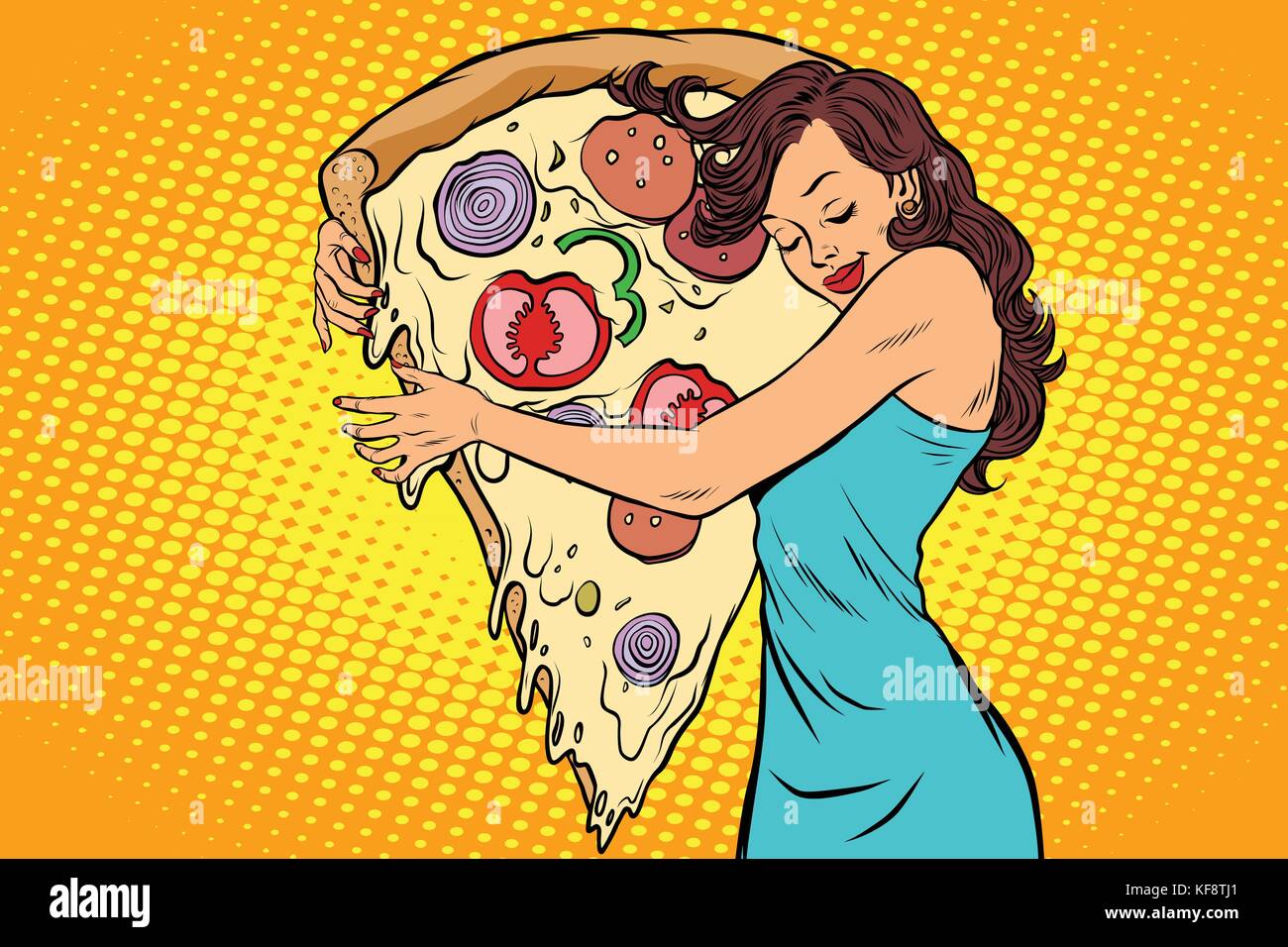 woman hugging a pizza Stock Vector
