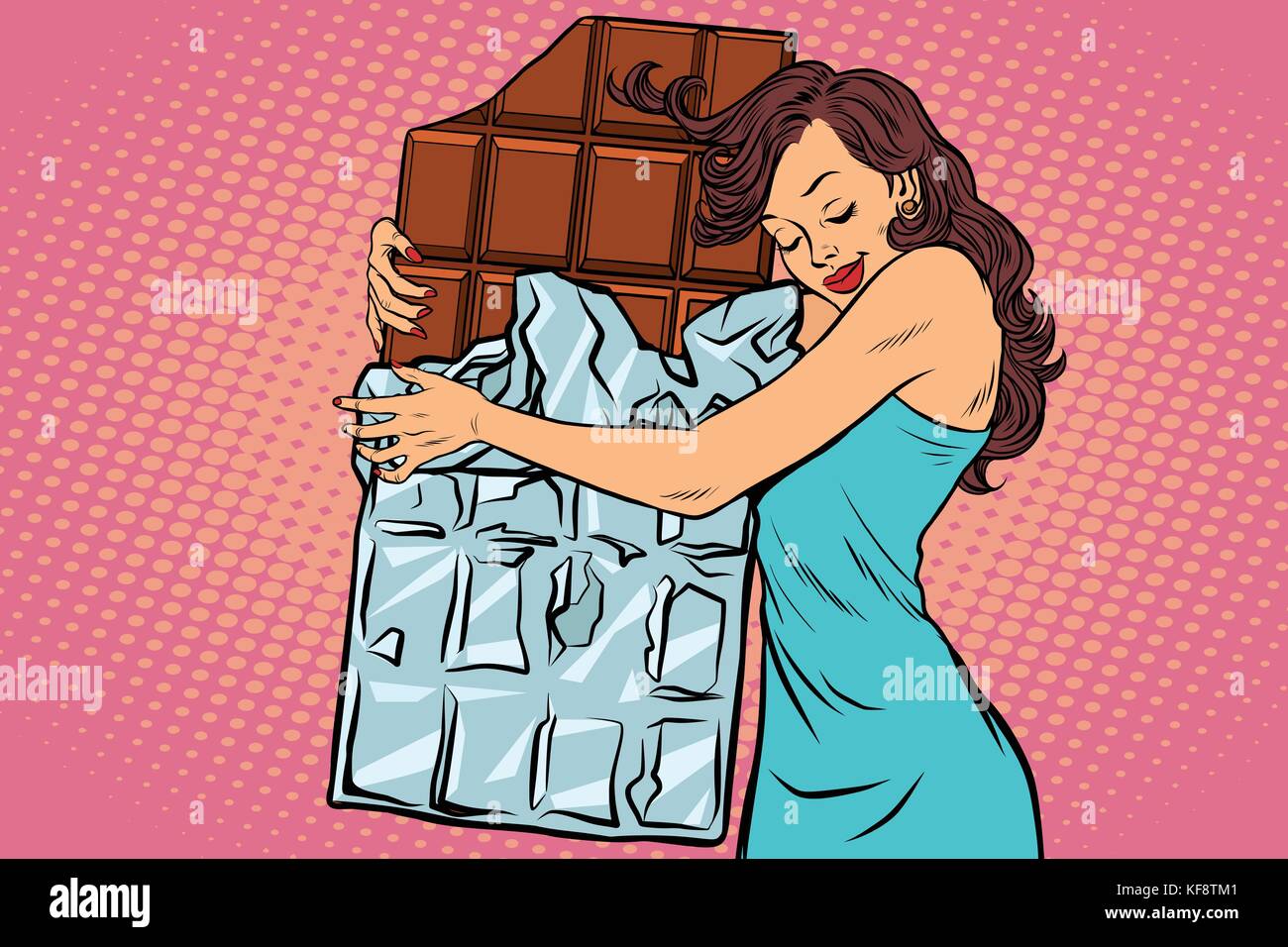 woman hugs chocolate, love sweets Stock Vector