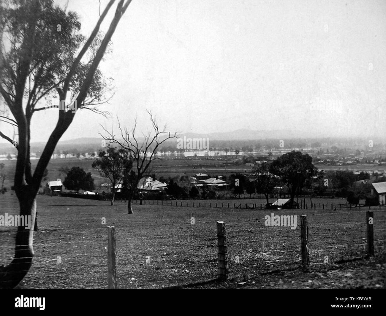 The 1922 flood in Wagga Wagga, Australia, was a significant natural disaster. This photograph shows the floodwaters as seen from Grandview, illustrating the devastating impact on the area. Stock Photo