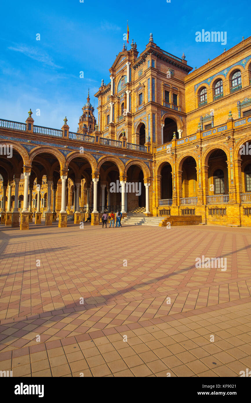 Seville, Spain - November 18,2016:  View of Plaza de Espana complex, built in 1929, is a huge half circle with a total area of 50,000 square meters Stock Photo