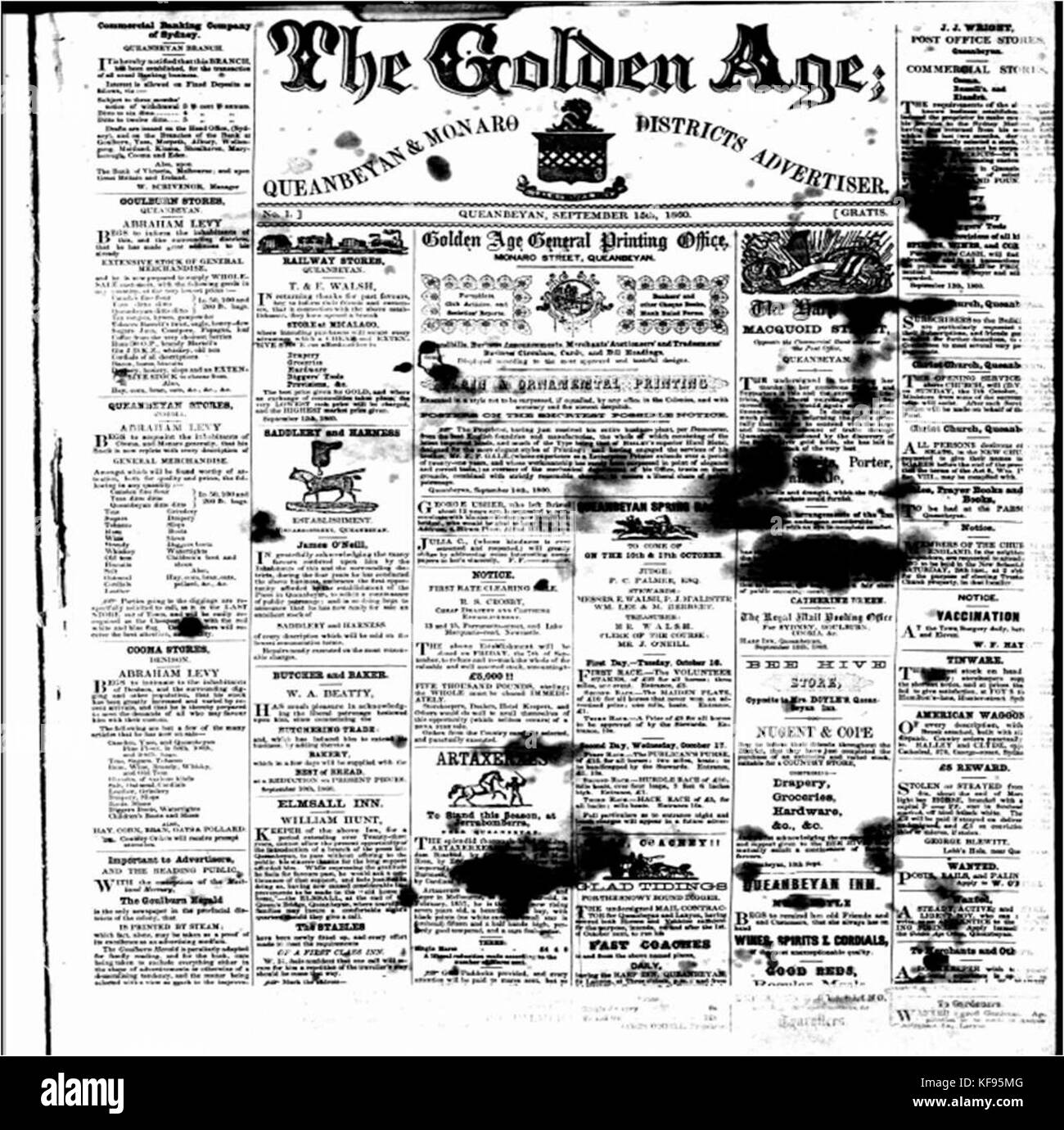 Queanbeyan Age and General Advertiser 15 September 1860 Stock Photo Alamy