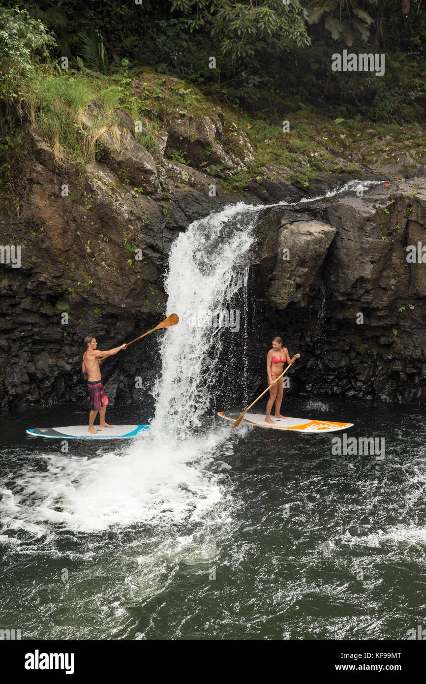 USA, Hawaii, The Big Island, Hilo, paddle boarding on the Wailuku River