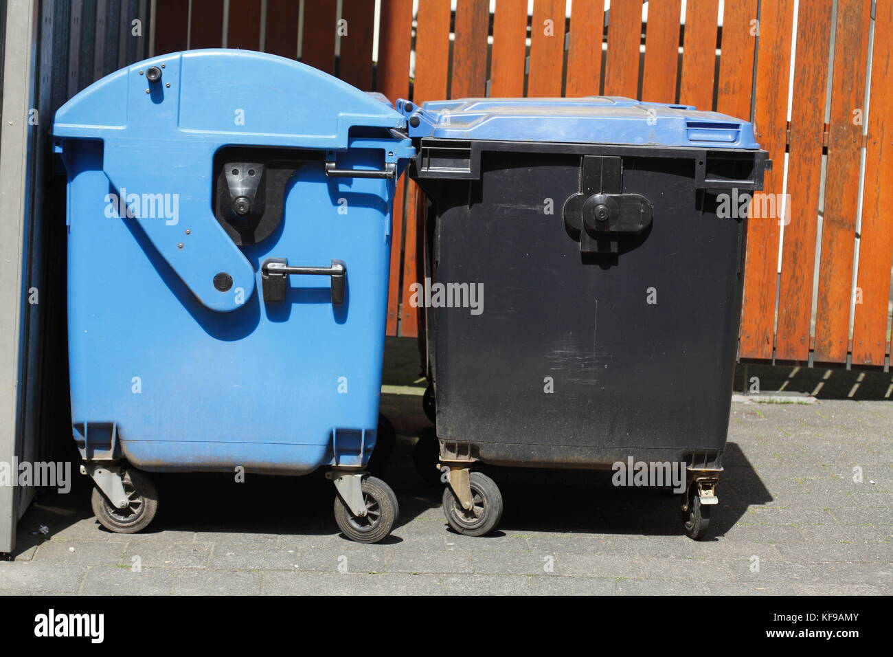 blue  reciyling bins for waste paper Stock Photo