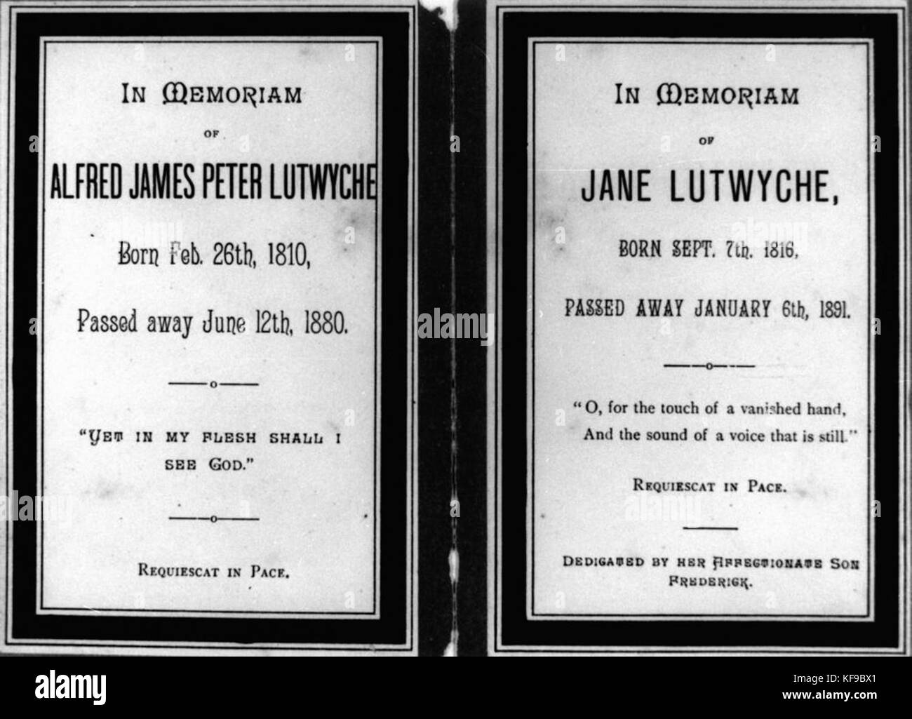 Memorial cards for Alfred James and Jane Lutwyche Stock Photo Alamy